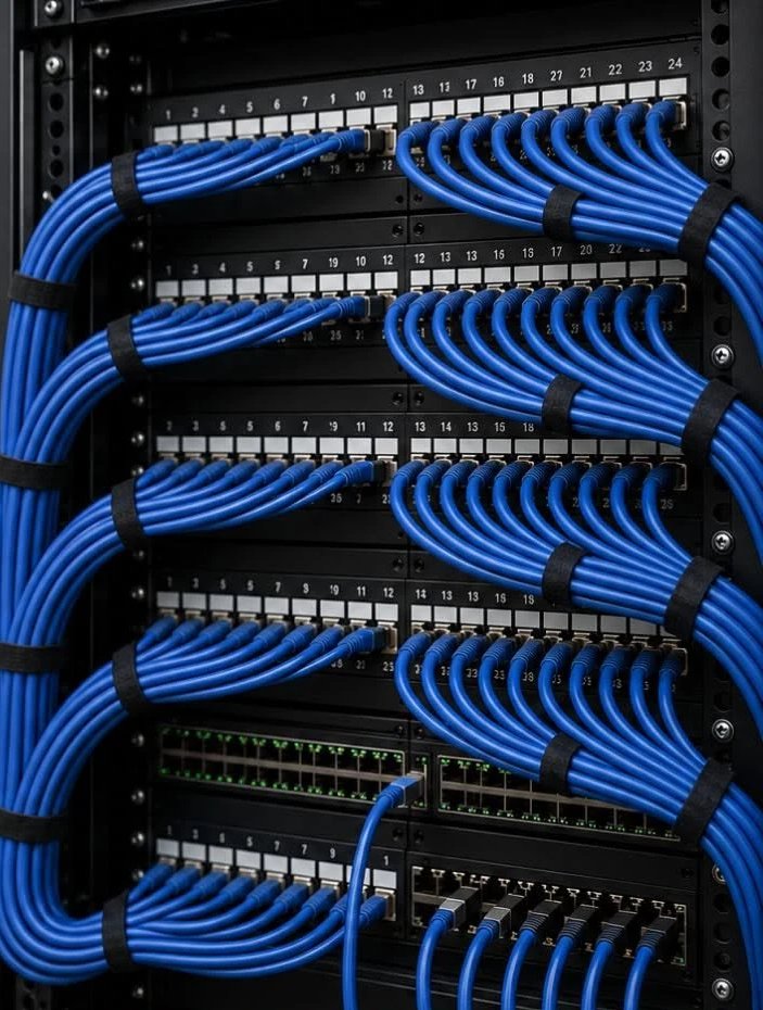 Neatly cabled blue Cat6 patch panels in a server rack